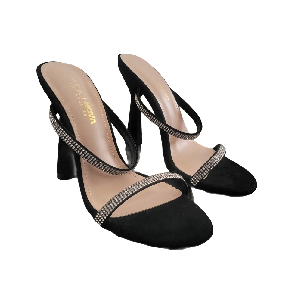 NWOB FASHION NOVA Black Rhinestone Strap Dress Sandals Wedding Guest - Size 7.5